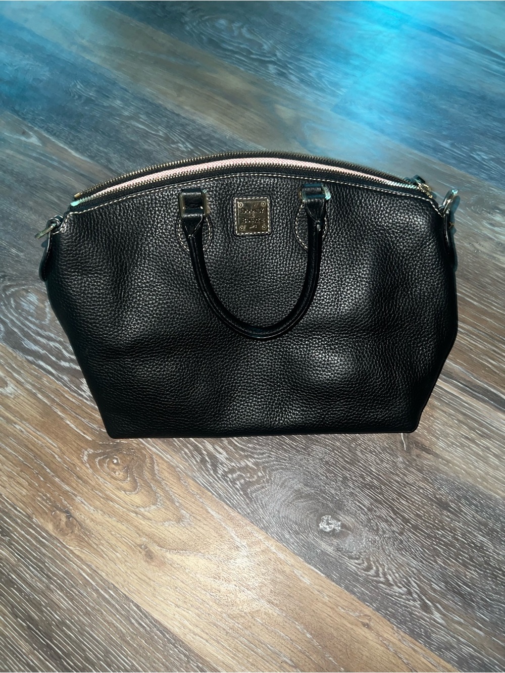 Dooney & Bourke Black Pebbled Leather Dome Satchel with Gold Hardware